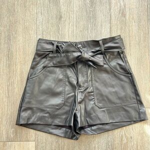 Zara High Waist Black Leather Shorts with Bow - Small